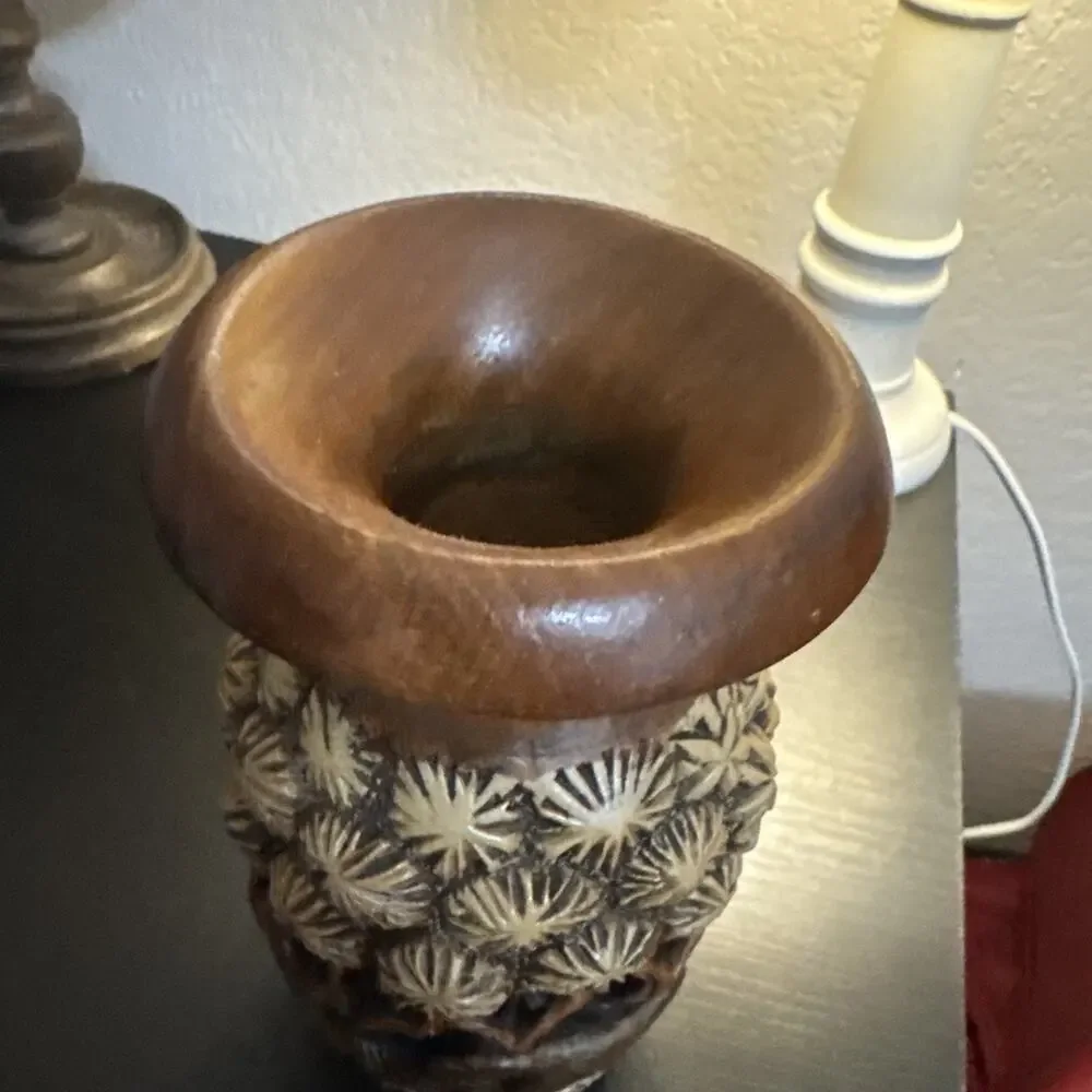 Hand Carved Wood 3D VASE Sculpture India Art Elephant Jungle Palm Tree